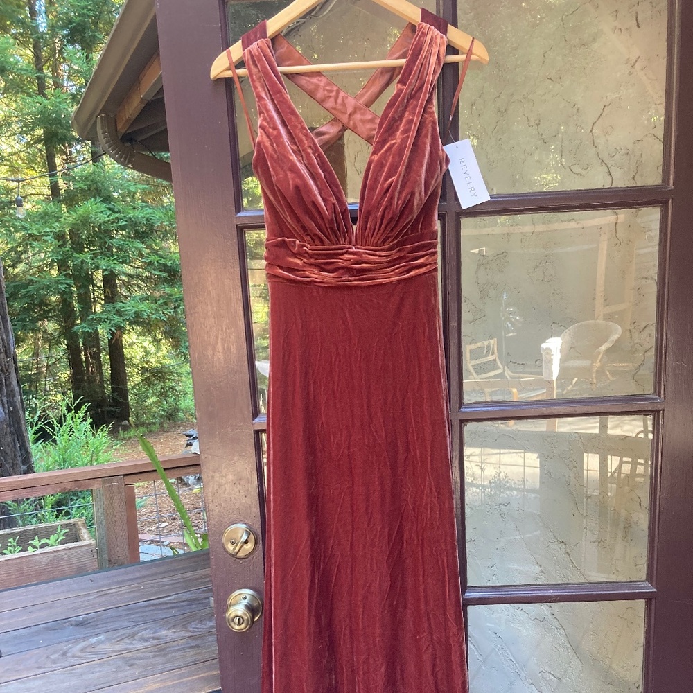 Long terra cotta velvet revelry dress